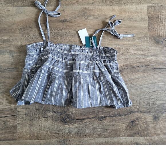 Roxy Gray White Striped Bikini Mood Linen Blend Swim Cover Top M NEW Cropped - Picture 6 of 6
